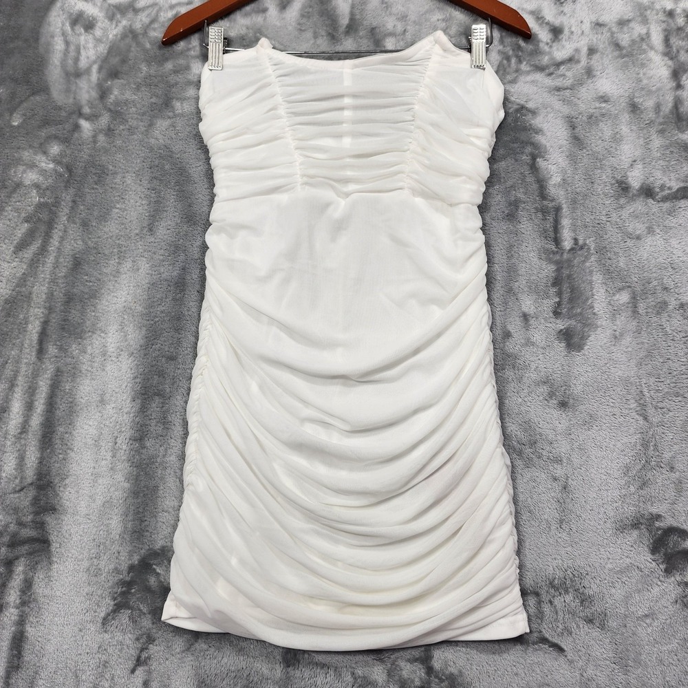 NEW SheIn SXY Dress Womens L White Ruched Mesh Strapless Bodycon‎ Mini Party